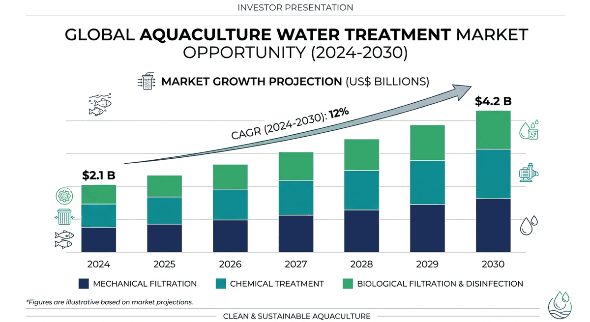 Global aquaculture water treatment market size chart showing $4.2B TAM with 12% CAGR projection to 2030